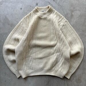 Vintage 70s Revere Aran Sweater Wool Fisherman Cable Hand Knit Ivory Size L